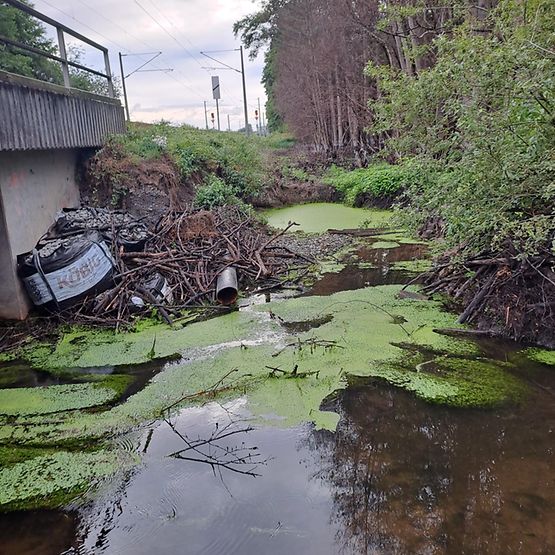 Provisorisch gesicherte Eisenbahnbrücke über den Bach Bieber