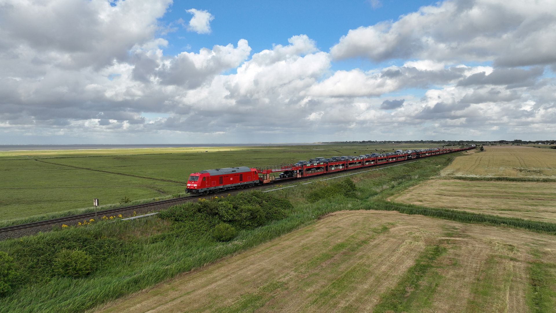 Sylt Shuttle travels on rails through green countryside.