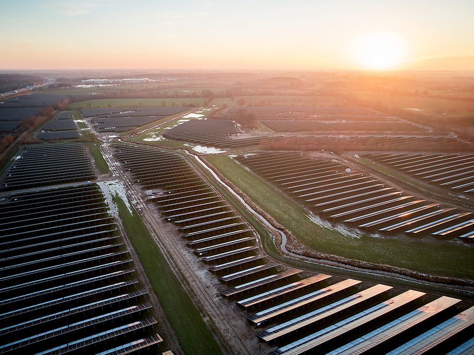 A bird's eye view of the solar plant in Wasbek as the sun sets