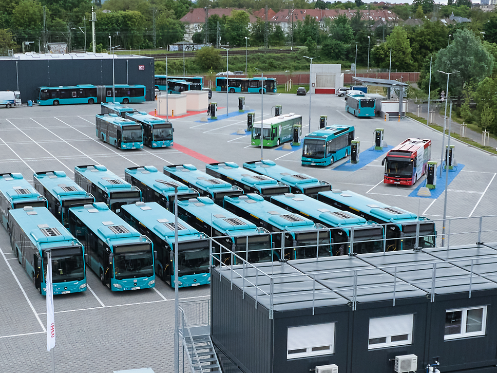 Bus depot with several buses parked