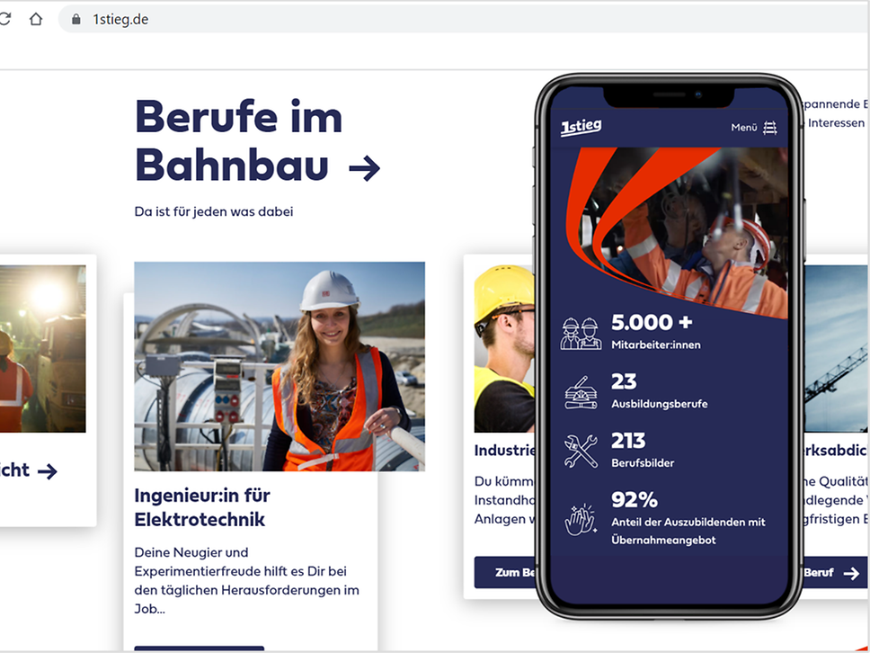 Berufe im Bahnbau: Blick in auf ein Handy mit der Seite von 1stieg